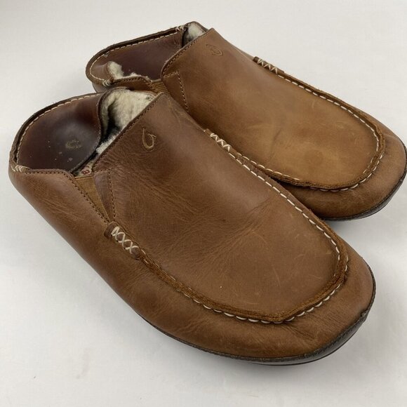 OluKai Moloa Genuine Brown Leather Slipper Sz 13 Wool Shearling Slip On Shoes - Picture 1 of 11